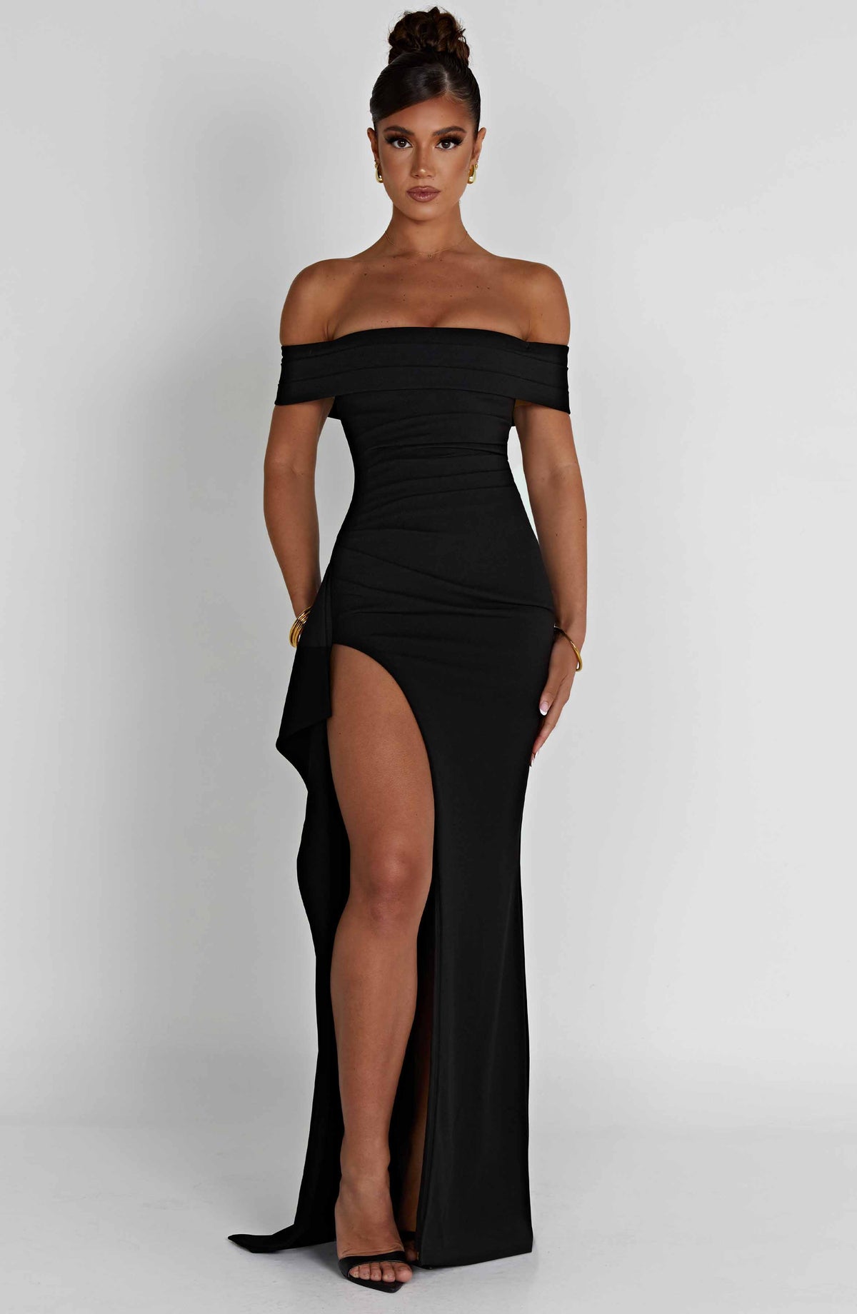 Black off-shoulder glitter formal maxi dress with ruched bodice, side drape and high slit - view 14