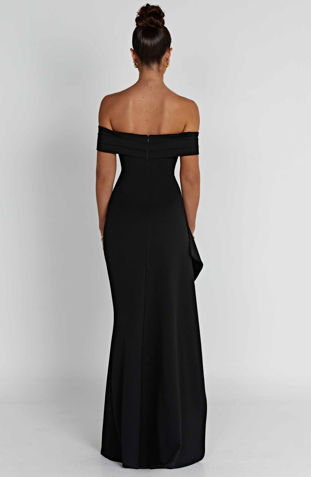 Black off-shoulder glitter formal maxi dress with ruched bodice, side drape and high slit - view 15