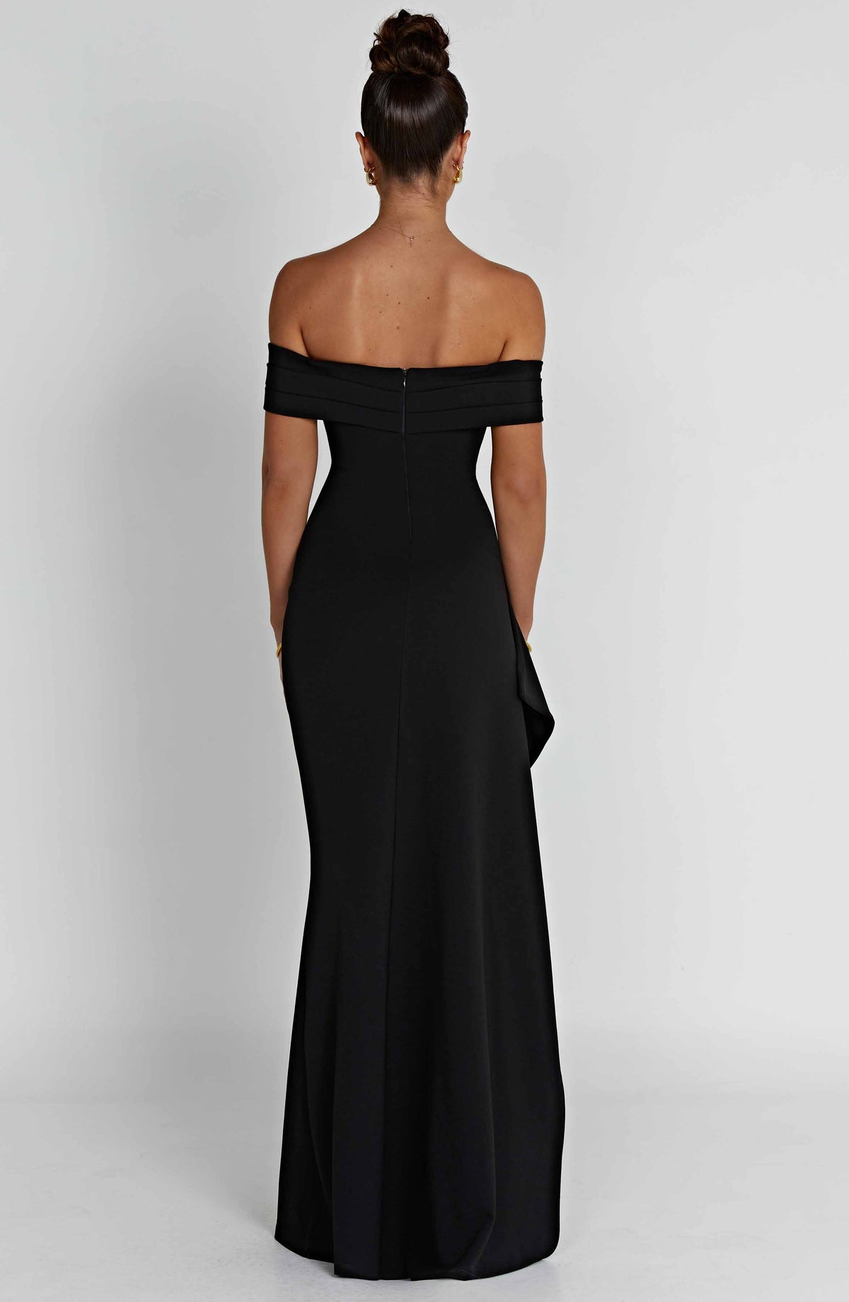 Black off-shoulder glitter formal maxi dress with ruched bodice, side drape and high slit - view 15