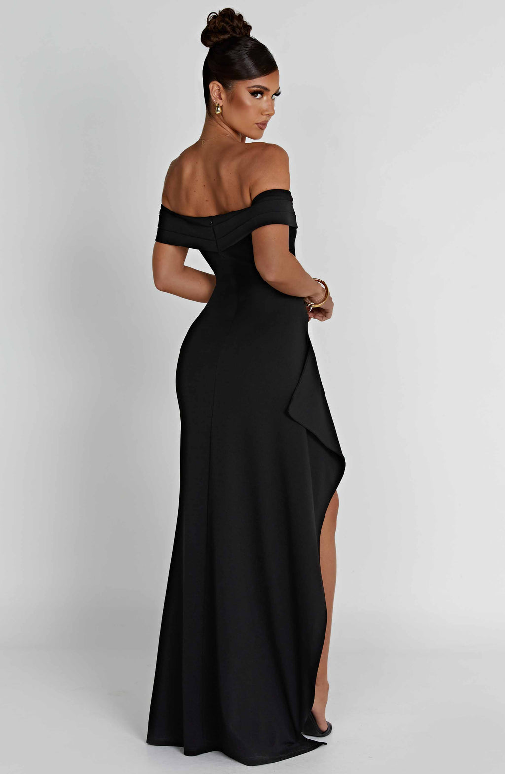 Black off-shoulder glitter formal maxi dress with ruched bodice, side drape and high slit - view 16