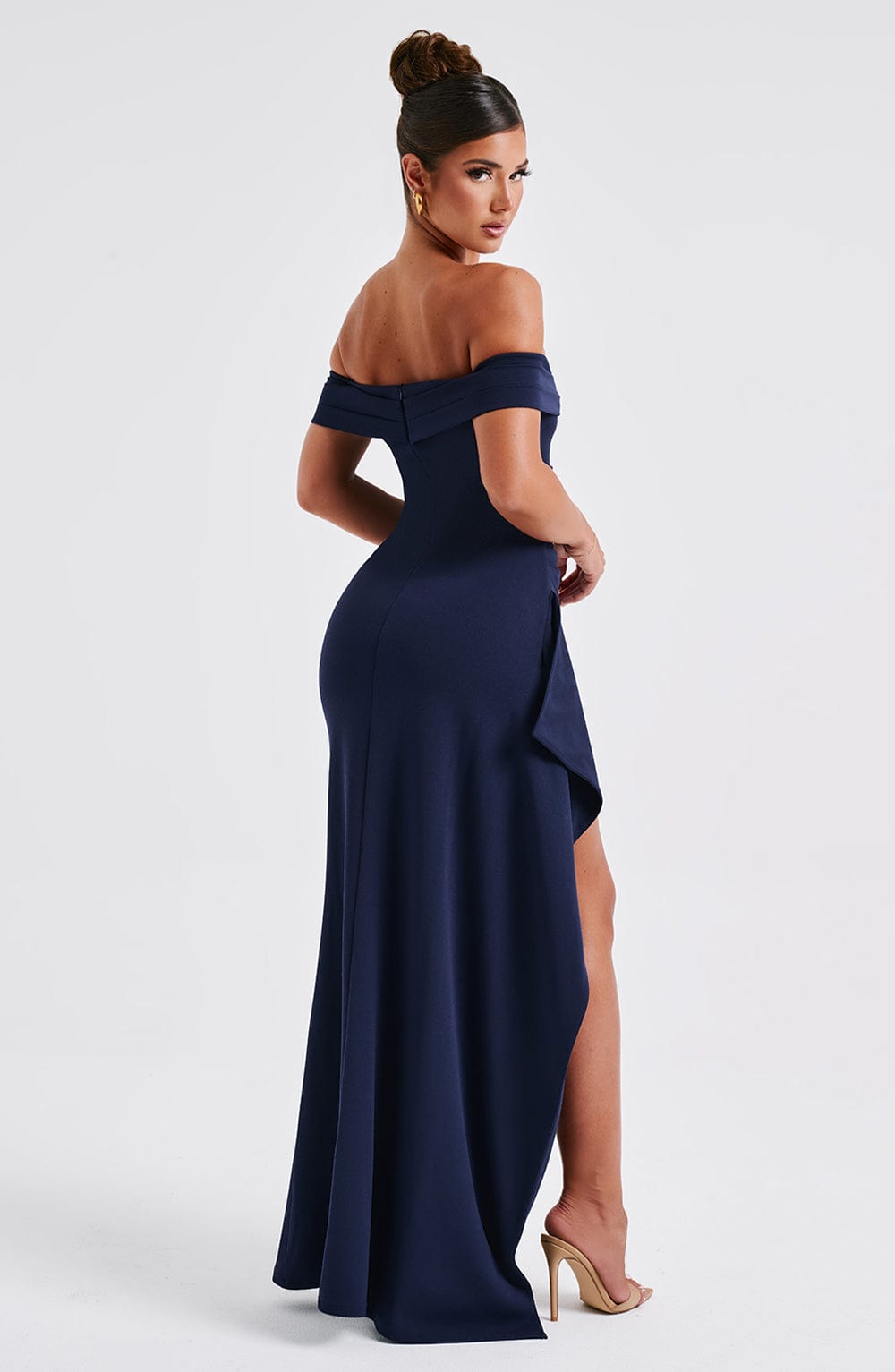 Black off-shoulder glitter formal maxi dress with ruched bodice, side drape and high slit - view 19