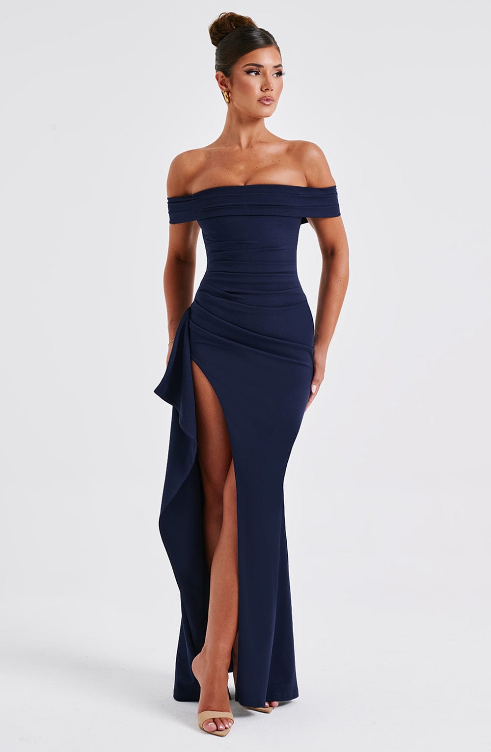 Black off-shoulder glitter formal maxi dress with ruched bodice, side drape and high slit - view 20