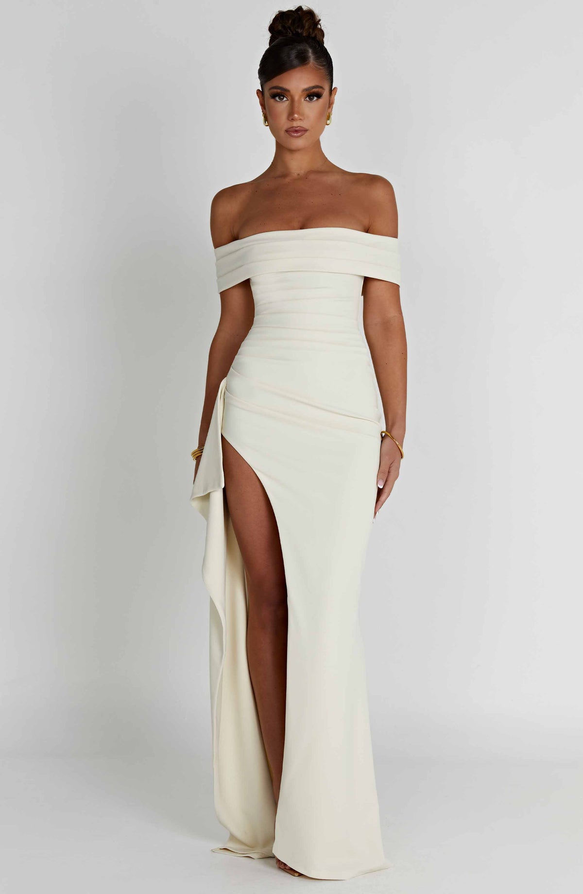 Black off-shoulder glitter formal maxi dress with ruched bodice, side drape and high slit - view 21