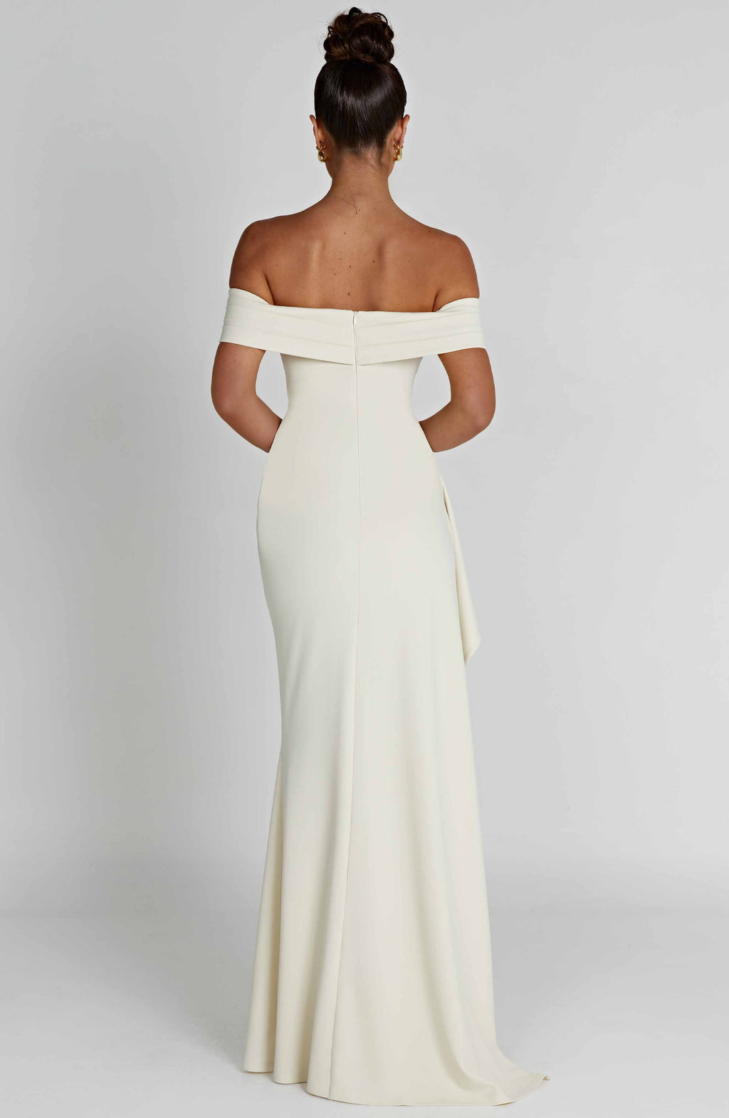Black off-shoulder glitter formal maxi dress with ruched bodice, side drape and high slit - view 22