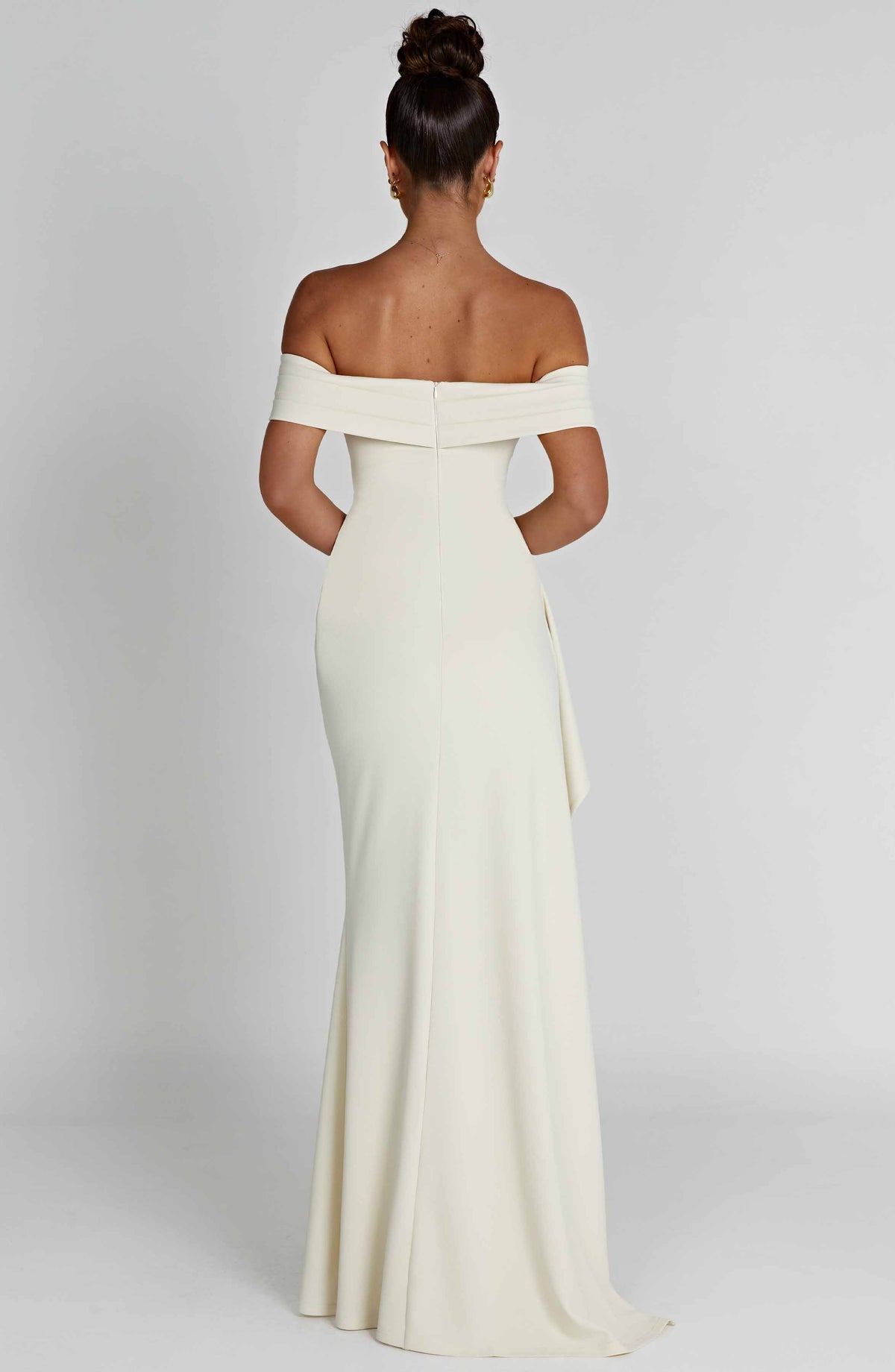 Black off-shoulder glitter formal maxi dress with ruched bodice, side drape and high slit - view 22
