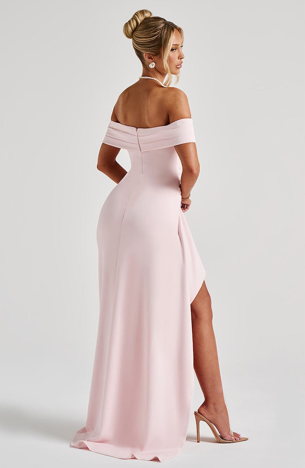 Black off-shoulder glitter formal maxi dress with ruched bodice, side drape and high slit - view 25