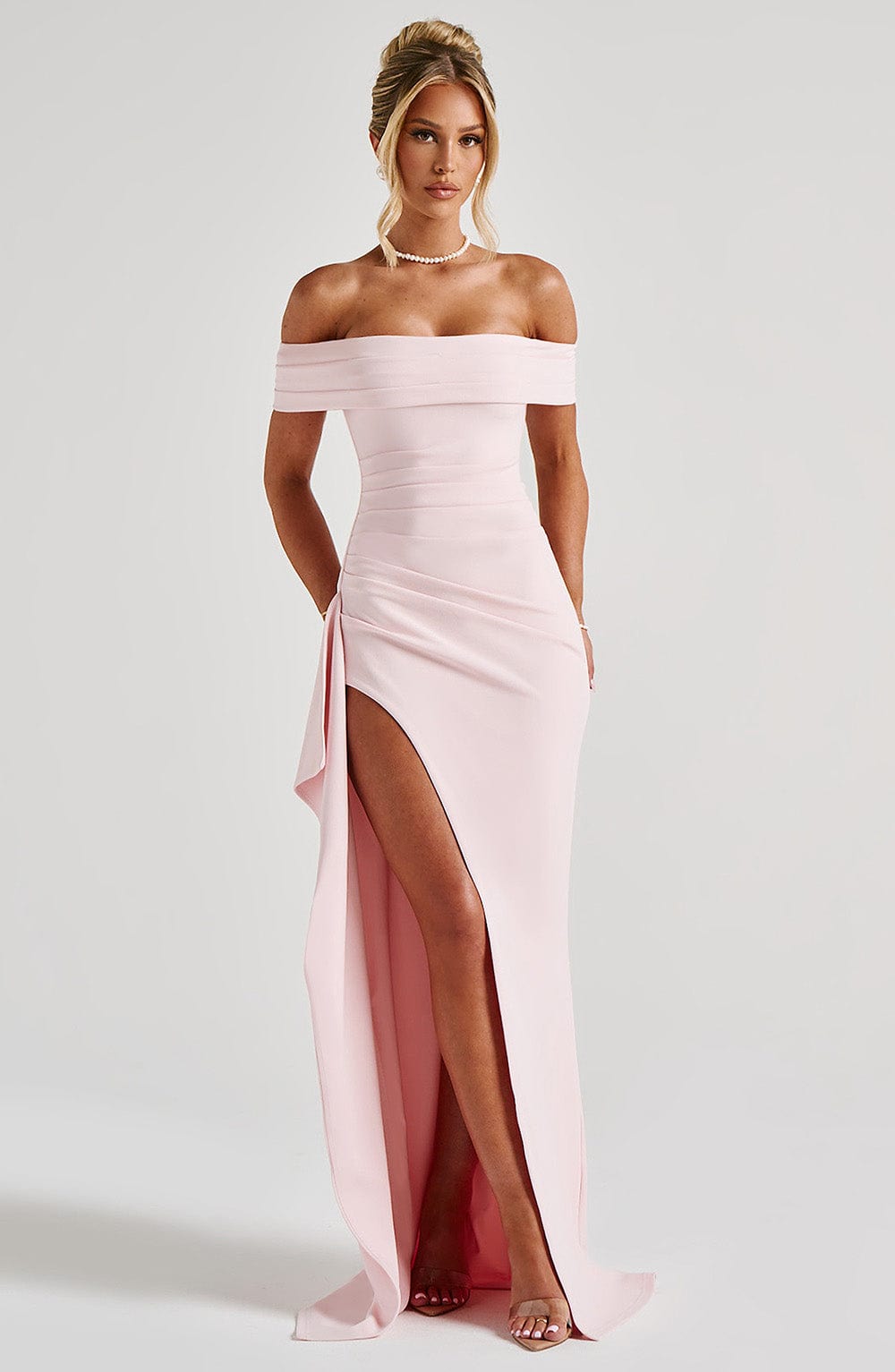 Black off-shoulder glitter formal maxi dress with ruched bodice, side drape and high slit - view 26