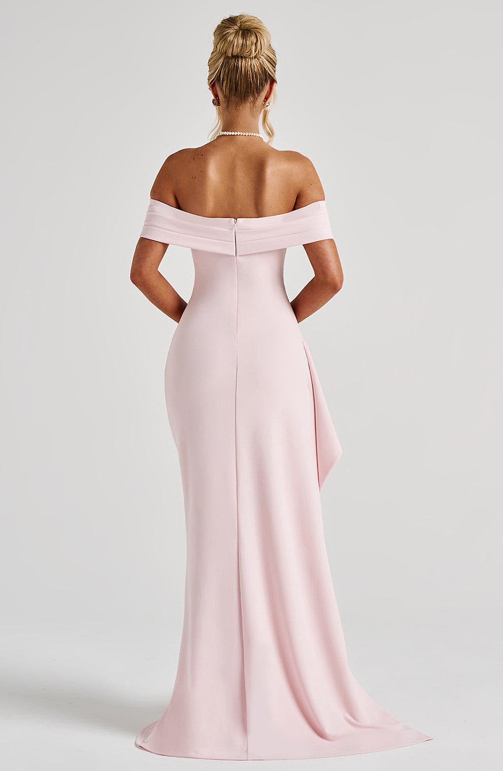 Black off-shoulder glitter formal maxi dress with ruched bodice, side drape and high slit - view 27