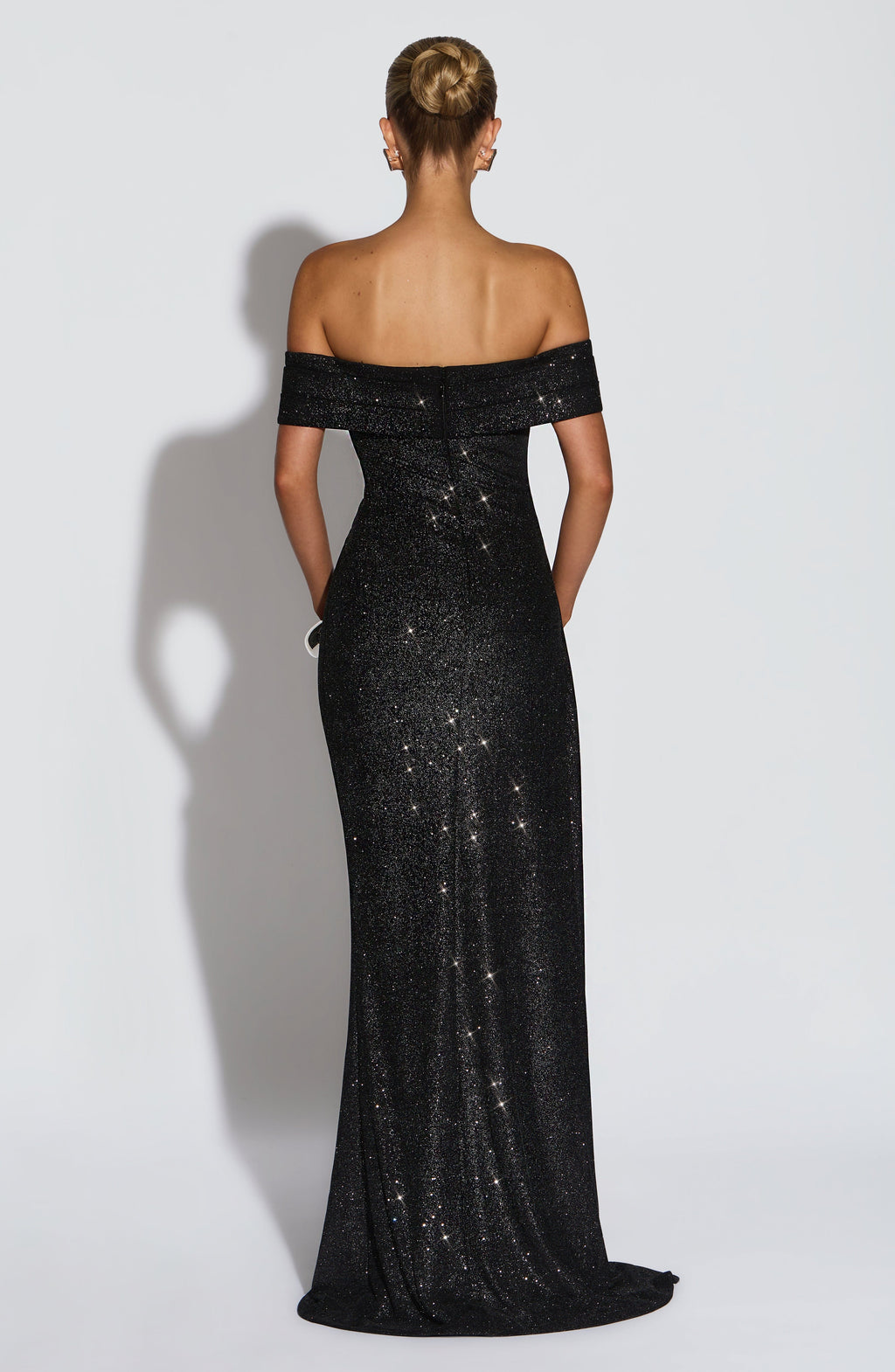 Black off-shoulder glitter formal maxi dress with ruched bodice, side drape and high slit - view 4