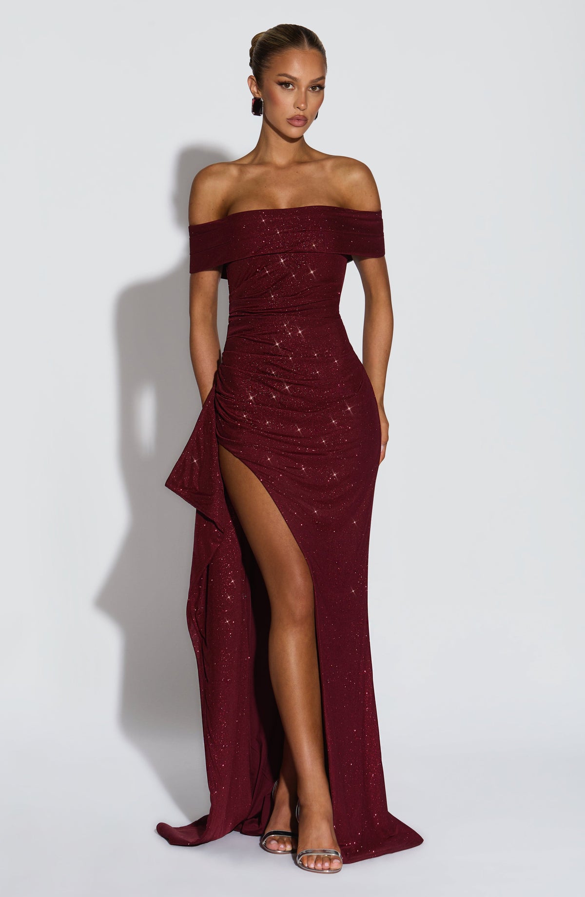Black off-shoulder glitter formal maxi dress with ruched bodice, side drape and high slit - view 5