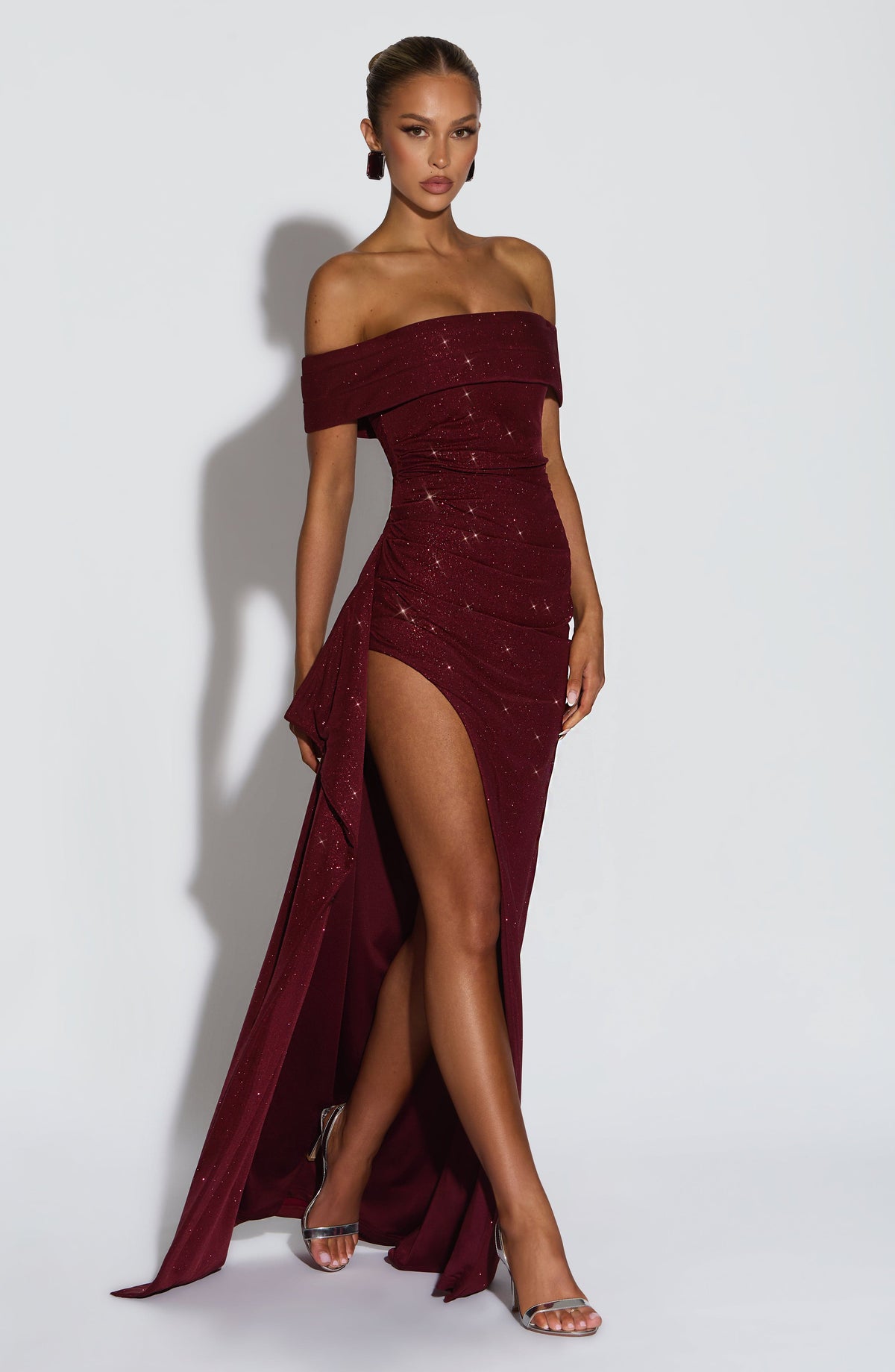 Black off-shoulder glitter formal maxi dress with ruched bodice, side drape and high slit - view 6
