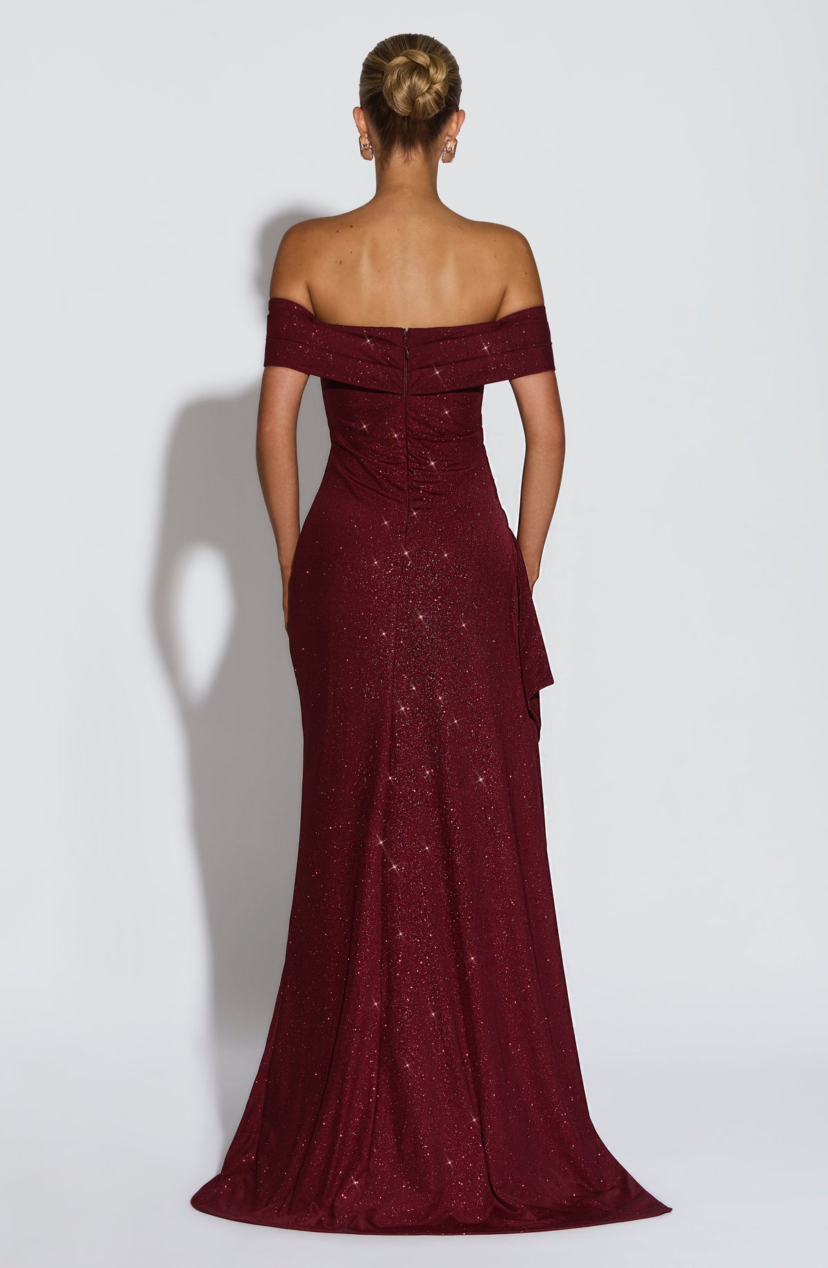 Black off-shoulder glitter formal maxi dress with ruched bodice, side drape and high slit - view 8