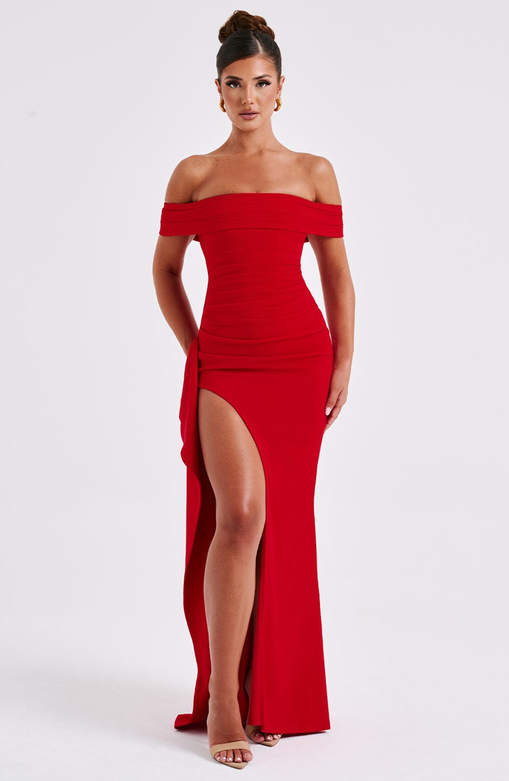 Black off-shoulder glitter formal maxi dress with ruched bodice, side drape and high slit - view 9