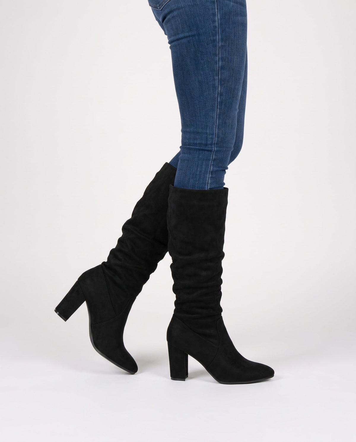 Black faux suede slouchy knee high boots with pointed toe and block heel - view 2