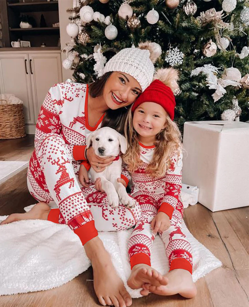 Red and white reindeer and snowflake print family matching Christmas pajamas - view 10