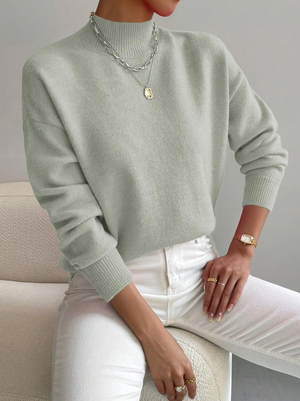 Amelia | Mock Turtleneck Relaxed Fit Sweater with Ribbed Cuffs, Soft Everyday Knit