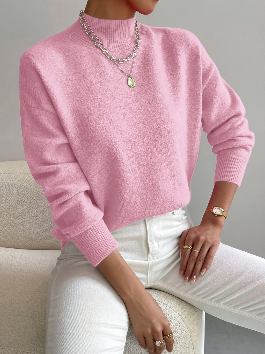Amelia | Mock Turtleneck Relaxed Fit Sweater with Ribbed Cuffs, Soft Everyday Knit