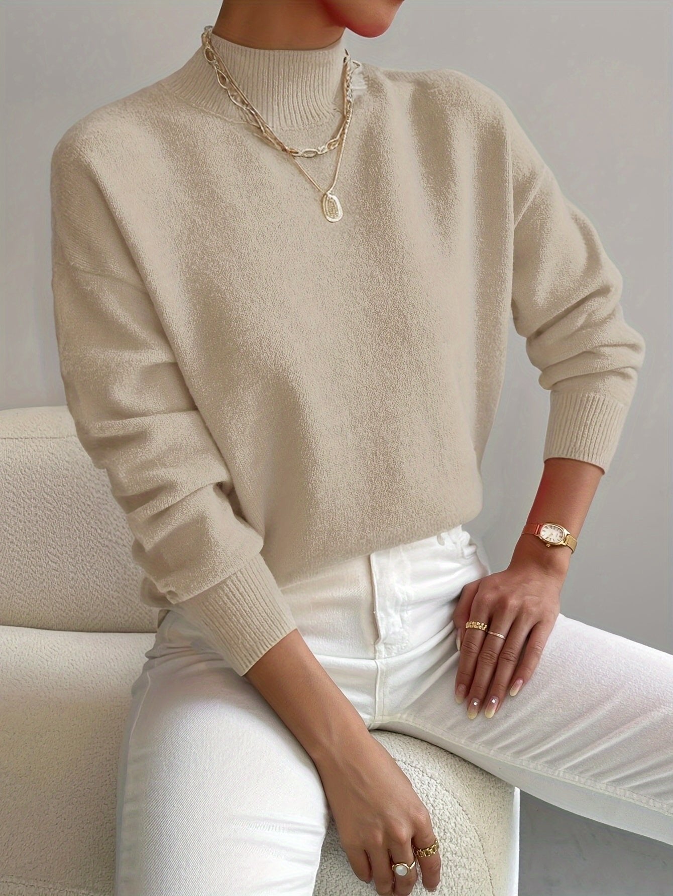 Amelia | Mock Turtleneck Relaxed Fit Sweater with Ribbed Cuffs, Soft Everyday Knit