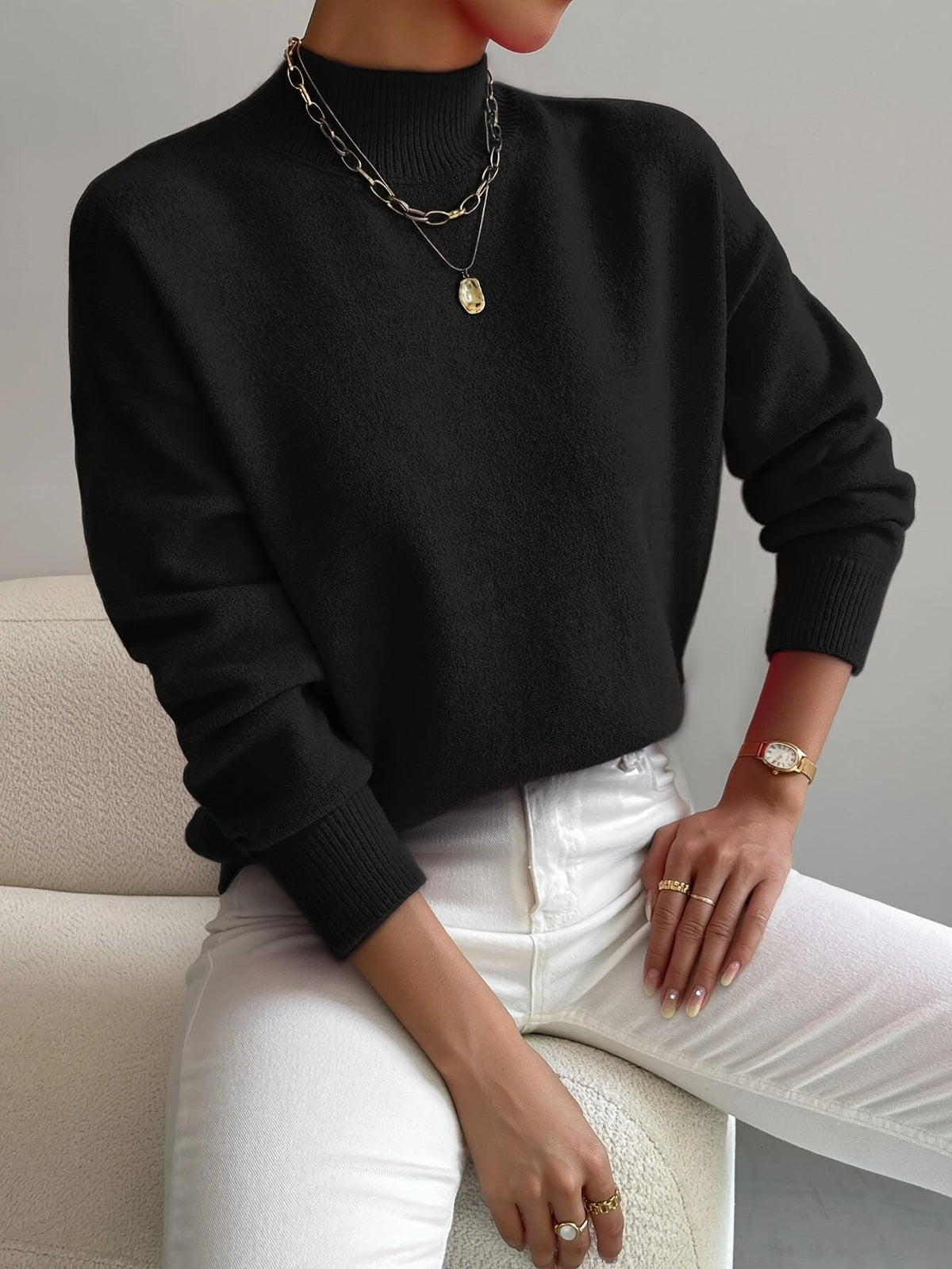 Amelia | Mock Turtleneck Relaxed Fit Sweater with Ribbed Cuffs, Soft Everyday Knit