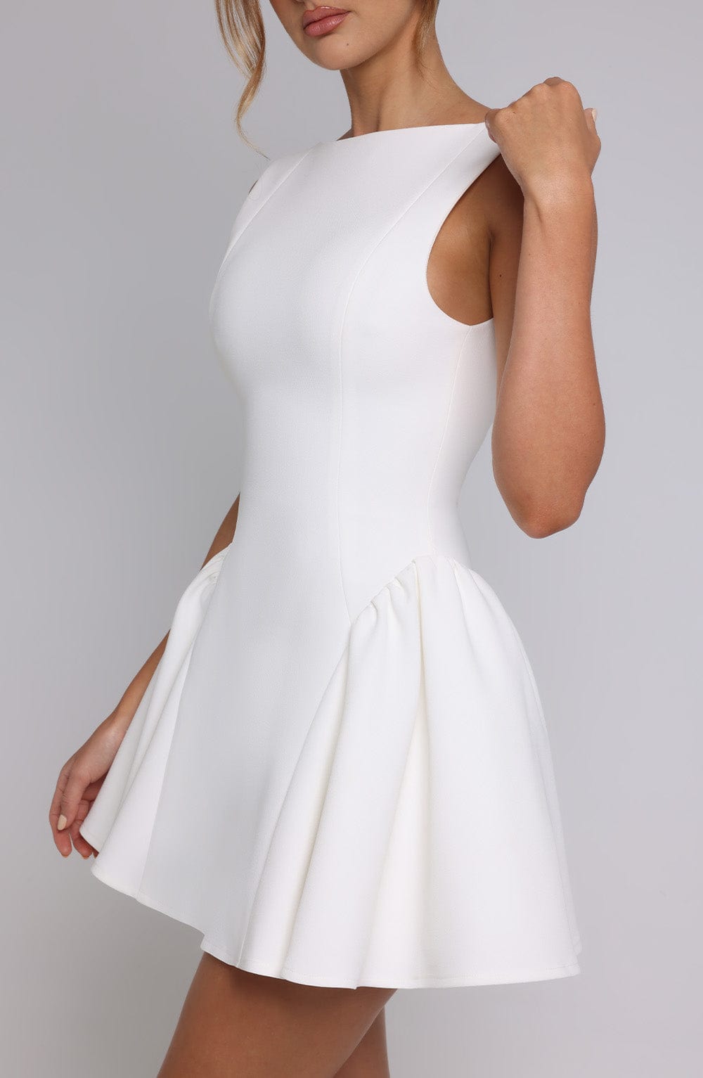 Elegant fitted mini dress with boat neck, low scoop back and full skirt - view 12