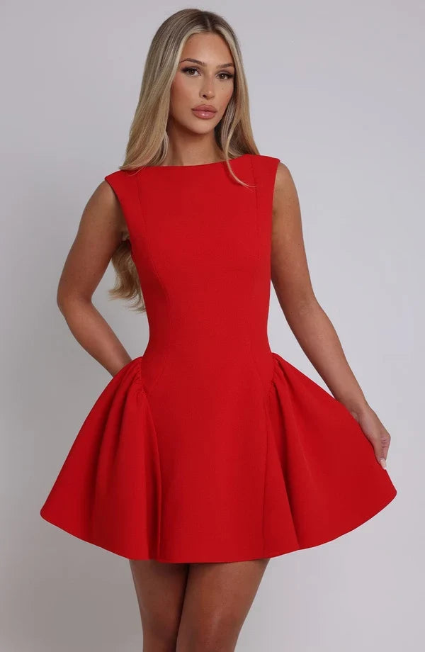 Elegant fitted mini dress with boat neck, low scoop back and full skirt - view 18