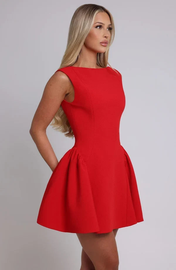 Elegant fitted mini dress with boat neck, low scoop back and full skirt - view 19
