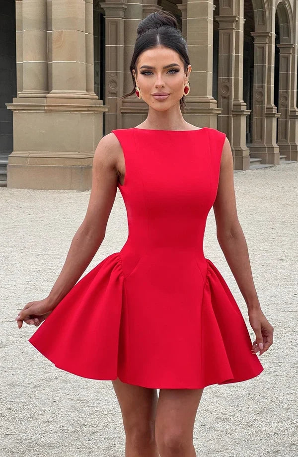 Elegant fitted mini dress with boat neck, low scoop back and full skirt - view 20