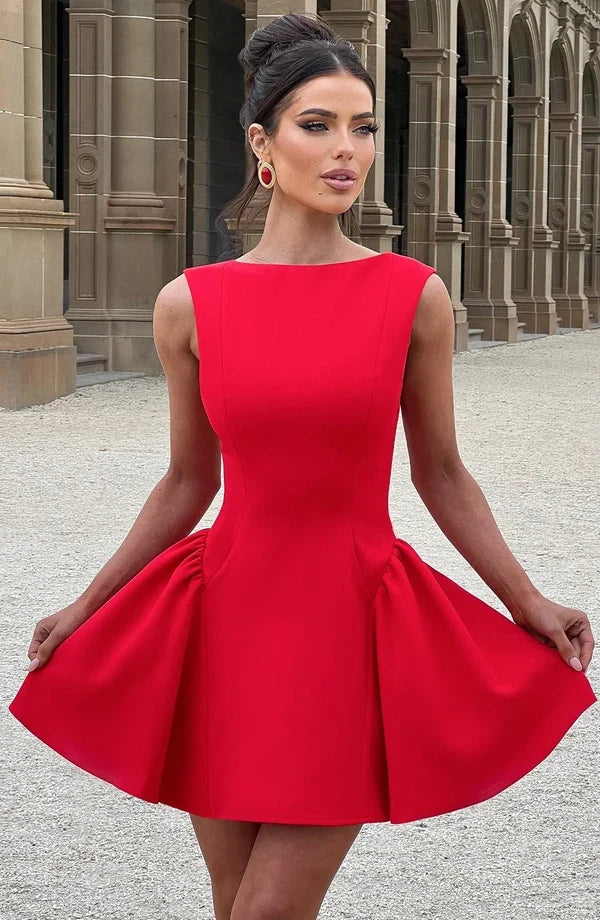 Elegant fitted mini dress with boat neck, low scoop back and full skirt - view 21