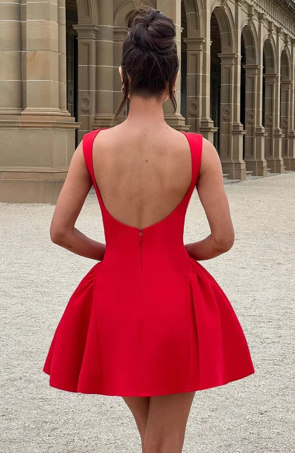 Elegant fitted mini dress with boat neck, low scoop back and full skirt - view 22