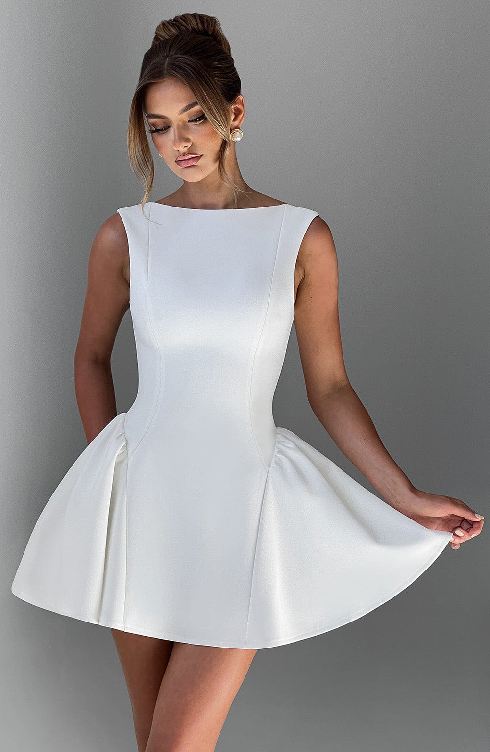 Elegant fitted mini dress with boat neck, low scoop back and full skirt - view 3
