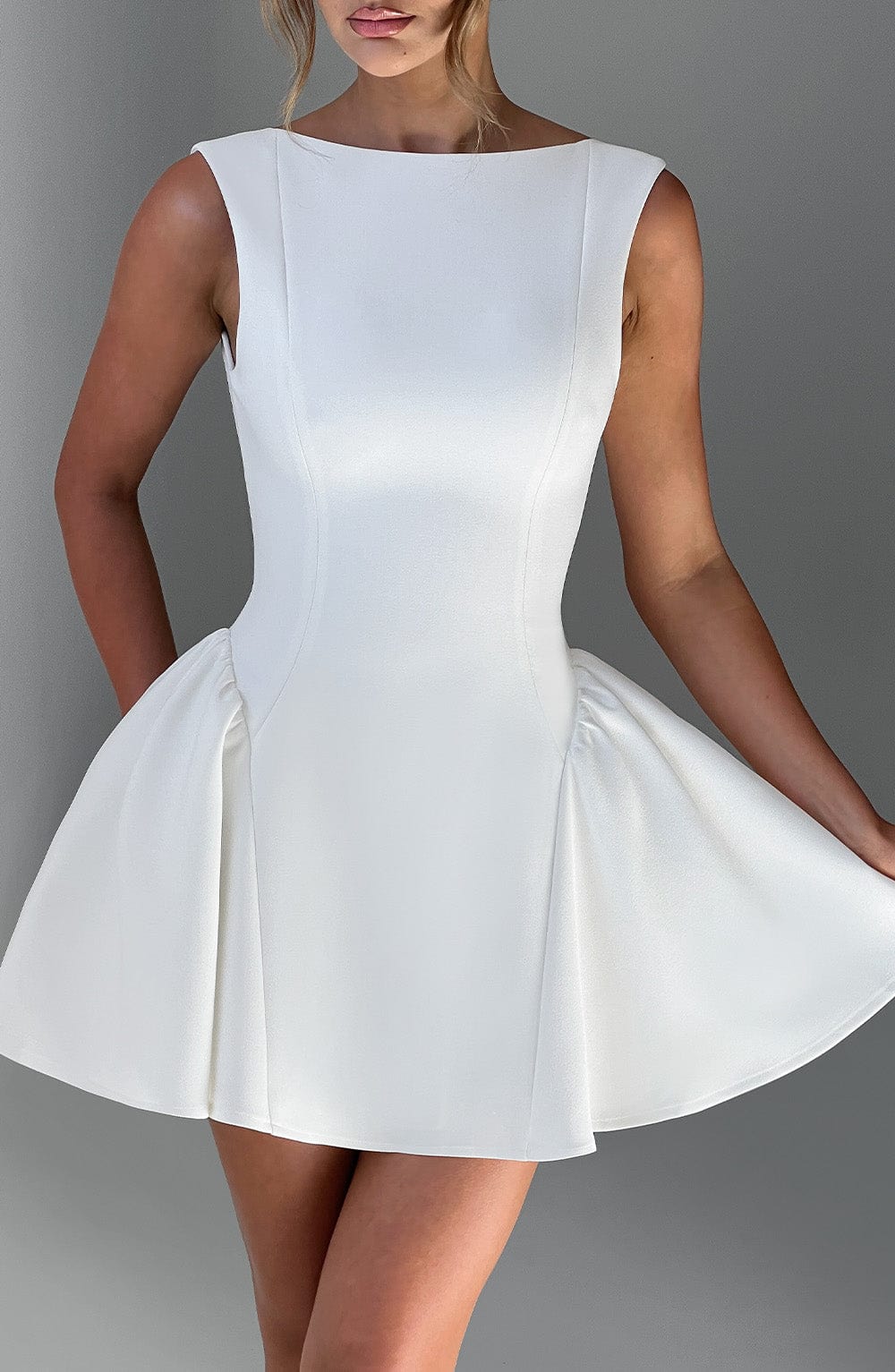 Elegant fitted mini dress with boat neck, low scoop back and full skirt - view 8