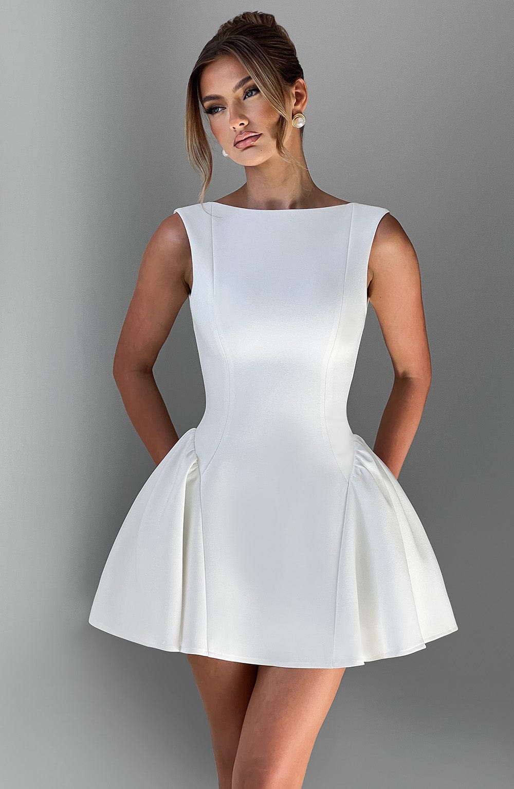 Elegant fitted mini dress with boat neck, low scoop back and full skirt - view 9